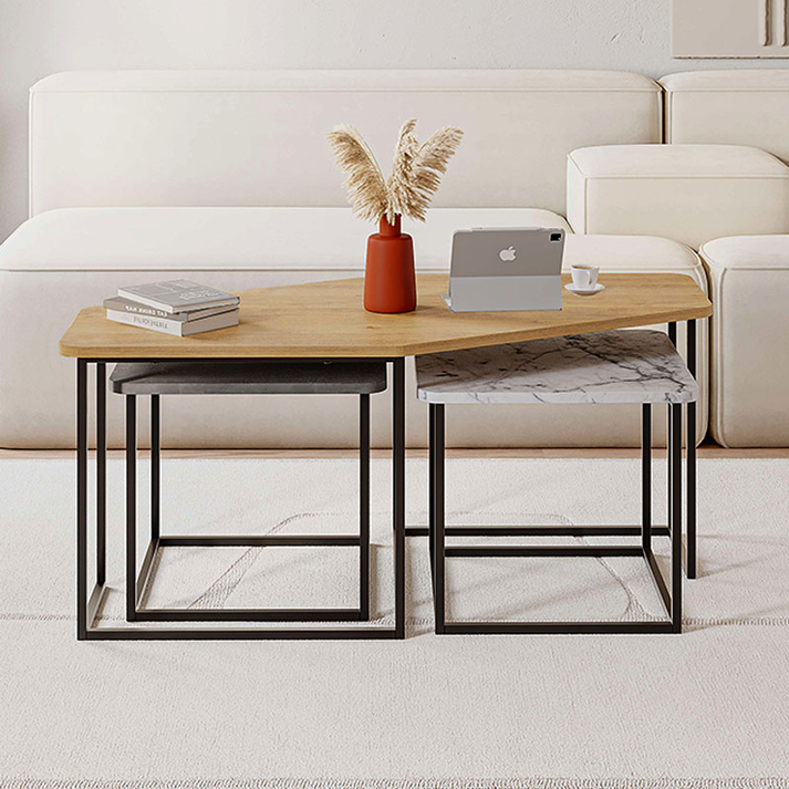 Τραπεζάκι σαλονιού σετ 3 τμχ. Nesty χρώμα saphhire oak - γκρι ρετρό - λευκό εφέ μαρμάρου 110x60x48εκ.