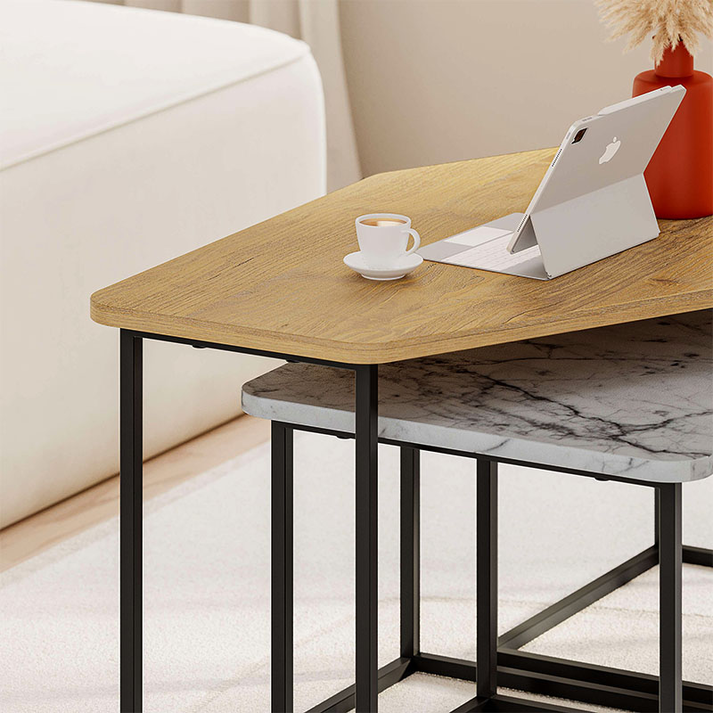 Τραπεζάκι σαλονιού σετ 3 τμχ. Nesty χρώμα saphhire oak - γκρι ρετρό - λευκό εφέ μαρμάρου 110x60x48εκ.