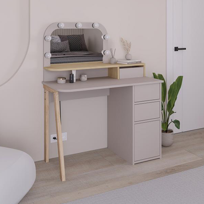 Τουαλέτα με καθρέπτη Avien χρώμα ανοιχτή μόκα - φυσικό οξιάς 105x51,1x131εκ.