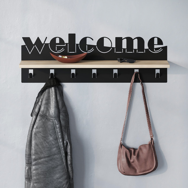 Κρεμάστρα τοίχου Welcome χρώμα μαύρο - sapphire oak 86x15,2x29εκ.