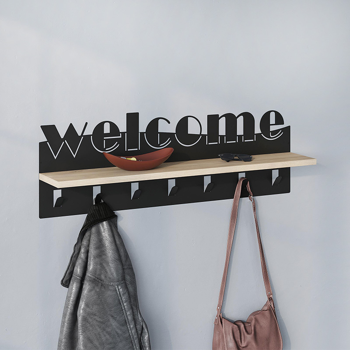 Κρεμάστρα τοίχου Welcome χρώμα μαύρο - sapphire oak 86x15,2x29εκ.