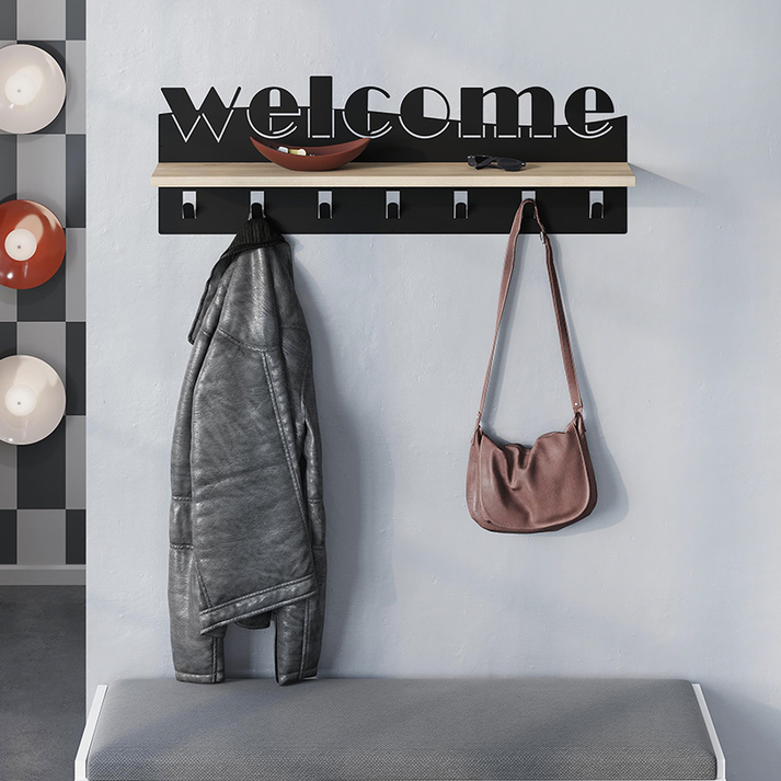 Κρεμάστρα τοίχου Welcome χρώμα μαύρο - sapphire oak 86x15,2x29εκ.