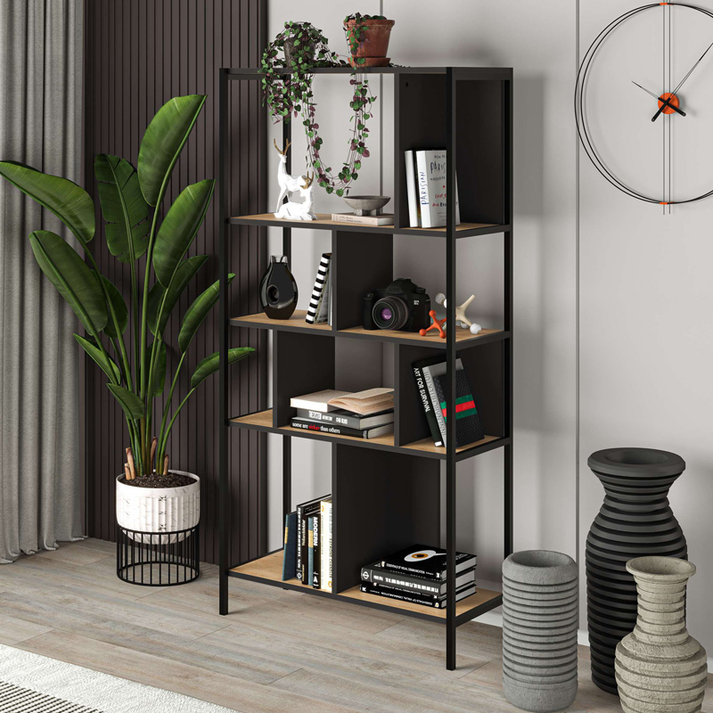 Βιβλιοθήκη Midi χρώμα sapphire oak - silky black 88x35x175εκ.