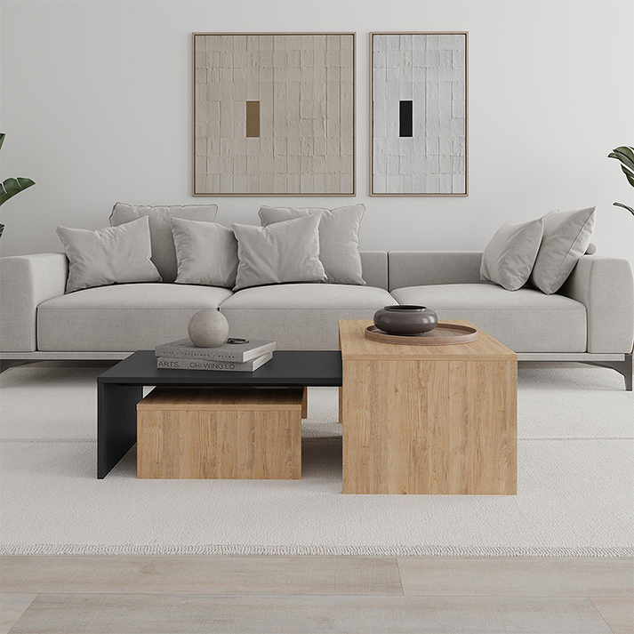 Τραπεζάκι σαλονιού σετ 3 τμχ. Kanta χρώμα sapphire oak - silky black 80x50x40,5εκ.