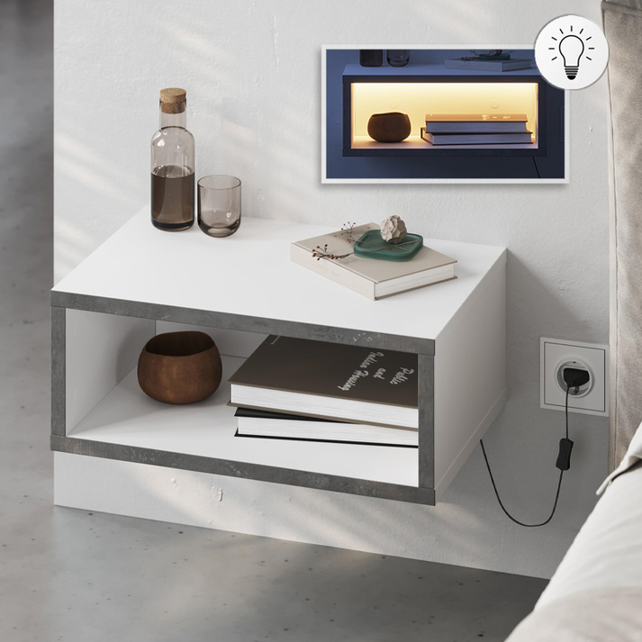 Κομοδίνο επιτοίχιο Brik με LED χρώμα λευκό - γκρι ρετρό 45x30x18εκ.