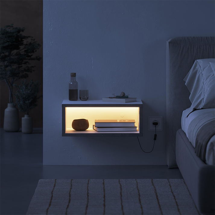 Κομοδίνο επιτοίχιο Brik με LED χρώμα λευκό - γκρι ρετρό 45x30x18εκ.