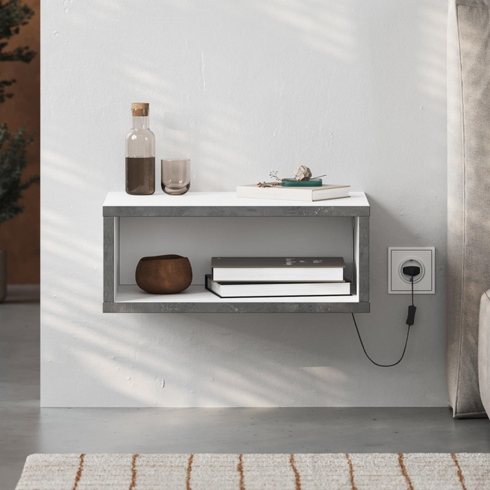 Κομοδίνο επιτοίχιο Brik με LED χρώμα λευκό - γκρι ρετρό 45x30x18εκ.