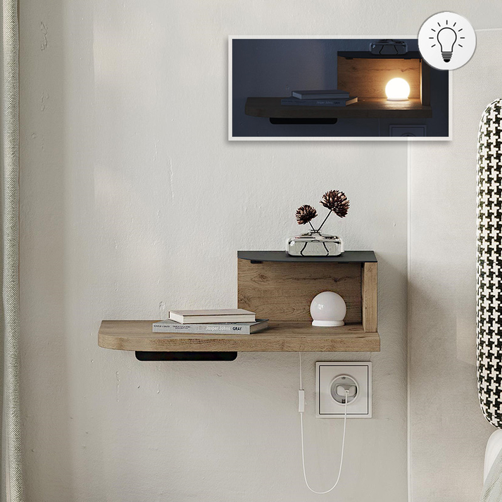 Κομοδίνο επιτοίχιο Luno με LED χρώμα sepet oak 40x30x16,2εκ.