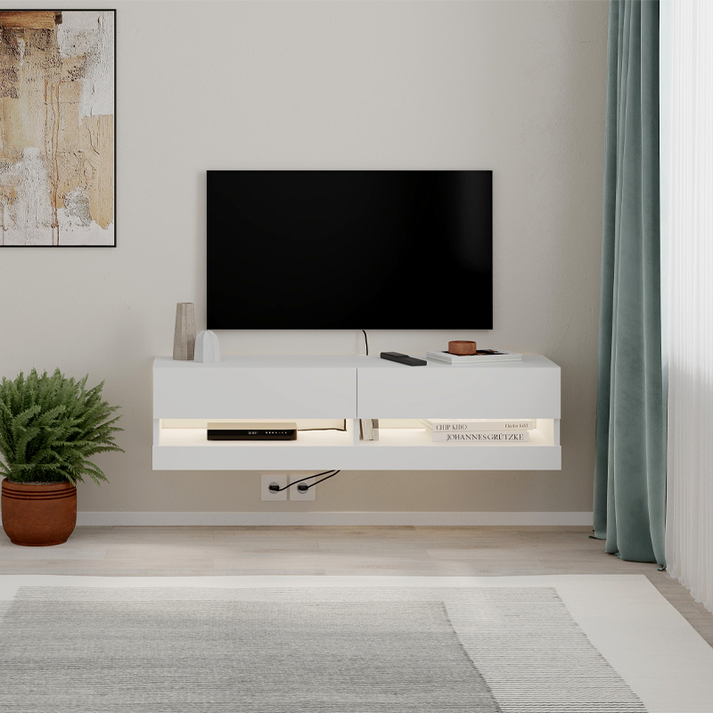 Έπιπλο τηλεόρασης επιτοίχιο Moon με LED χρώμα λευκό 120x33,8x30εκ.