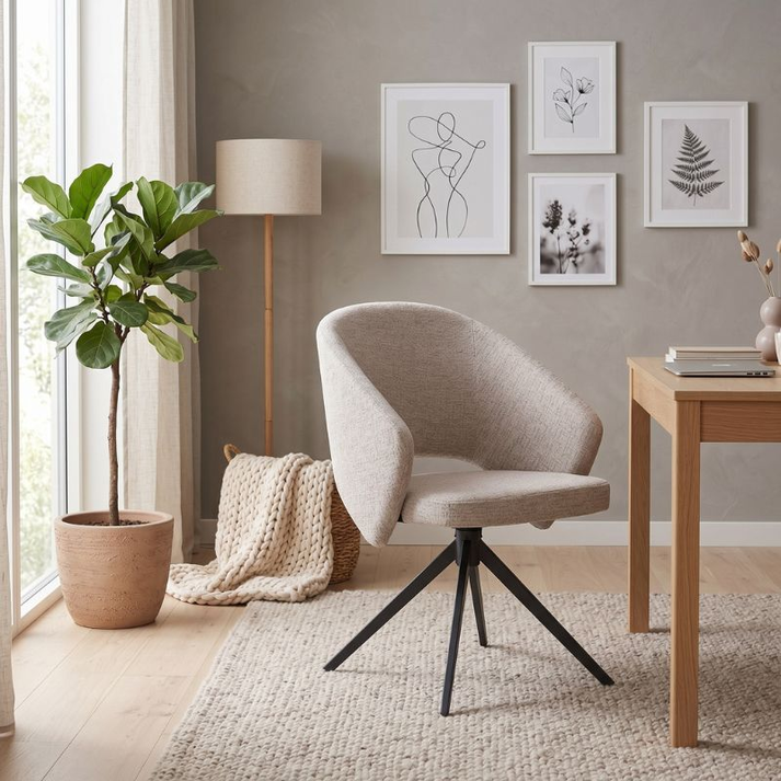 Πολυθρόνα τραπεζαρίας Milano περιστρεφόμενη χρώμα ανοιχτό μπεζ ύφασμα - μεταλλικό μαύρο πόδι 64x64x83εκ.