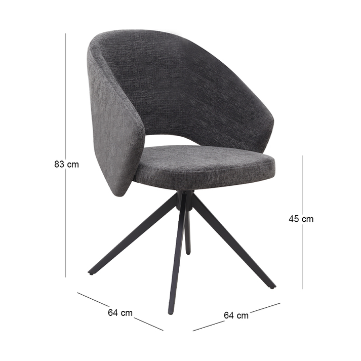Πολυθρόνα τραπεζαρίας Milano περιστρεφόμενη χρώμα ανθρακί ύφασμα - μεταλλικό μαύρο πόδι 64x64x83εκ.