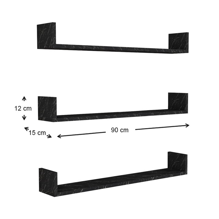 Ραφιέρα τοίχου Tyrion 3 τεμαχίων χρώμα μαύρο εφέ μαρμάρου 90x15x12εκ.