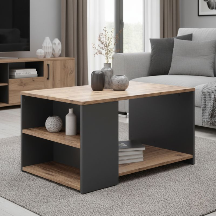 Τραπεζάκι σαλονιού Sylvia χρώμα pine oak - ανθρακί 90,2x59,2x48,1εκ.