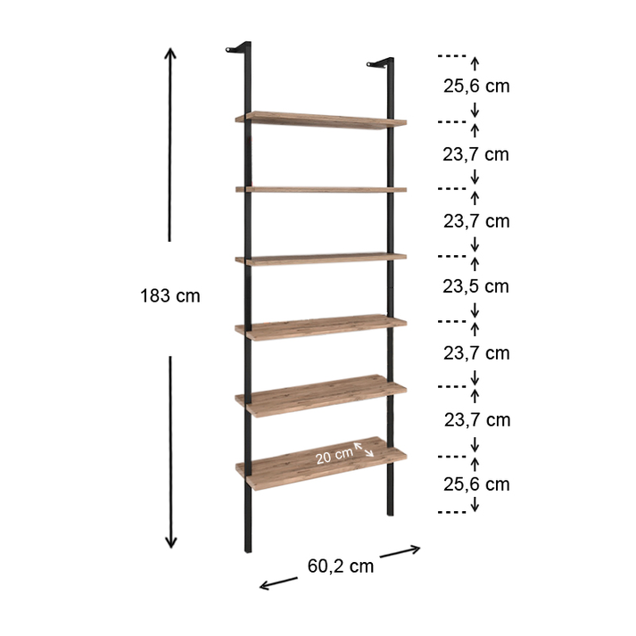Βιβλιοθήκη τοίχου Madison μεταλλική - μελαμίνης χρώμα μαύρο - pine oak 60x20x183εκ.