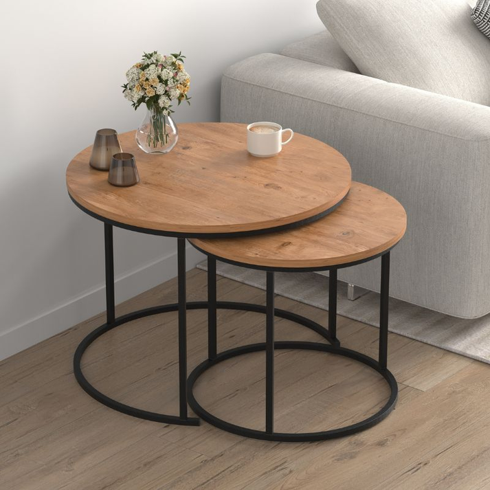 Τραπεζάκι σαλονιού σετ 2 τμχ Hilal χρώμα pine oak Ø66x49,5εκ.