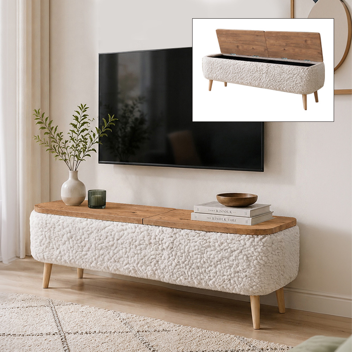 Έπιπλο τηλεόρασης Luno ύφασμα teddy χρώμα λευκό - pine oak 120x30x45εκ.