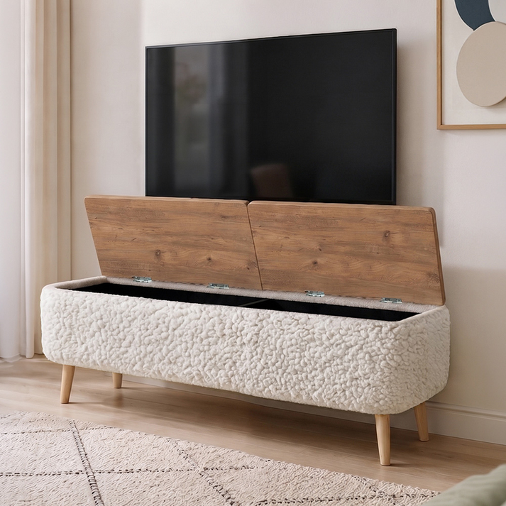 Έπιπλο τηλεόρασης Luno ύφασμα teddy χρώμα λευκό - pine oak 120x30x45εκ.