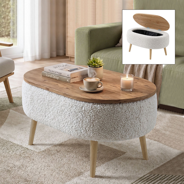 Luno living room coffee table teddy fabric white - pine oak 90x60x45 cm