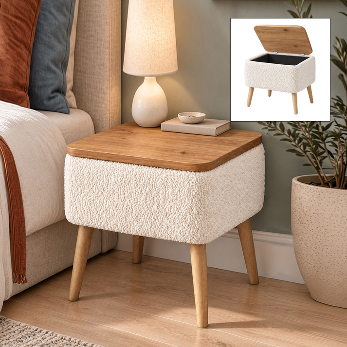 Κομοδίνο Nivo ύφασμα teddy χρώμα λευκό - pine oak 45x35x45εκ.