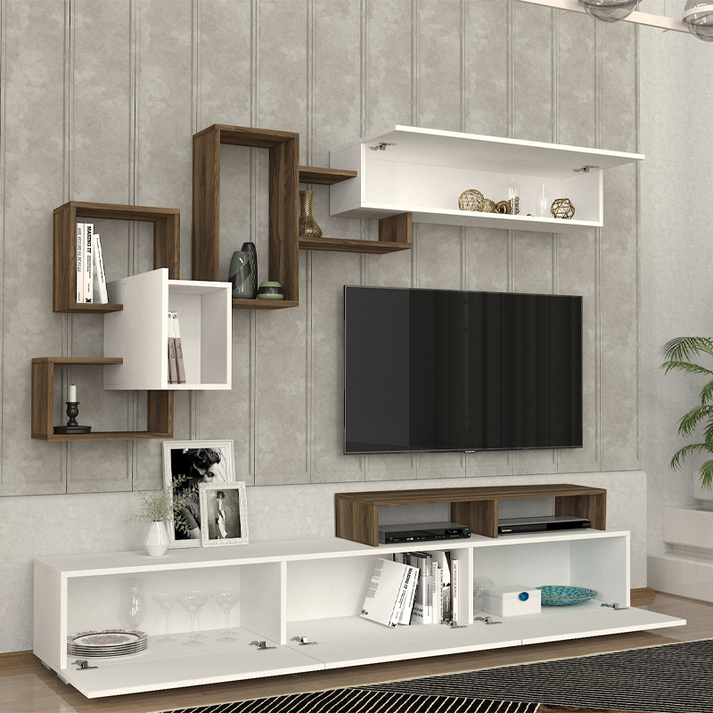 Σύνθεση τηλεόρασης Stamatia χρώμα λευκό - καρυδί 210x36,8x46,8εκ.