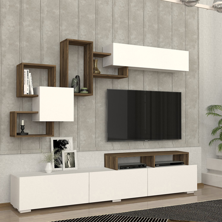 Σύνθεση τηλεόρασης Stamatia χρώμα λευκό - καρυδί 210x36,8x46,8εκ.