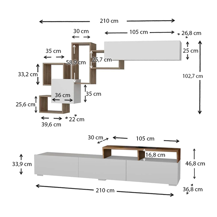 Σύνθεση τηλεόρασης Stamatia χρώμα λευκό - καρυδί 210x36,8x46,8εκ.