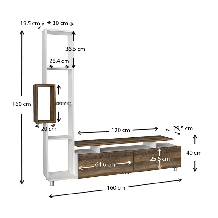 Σύνθεση τηλεόρασης Tulip χρώμα λευκό - καρυδί 160x29,5x160εκ.