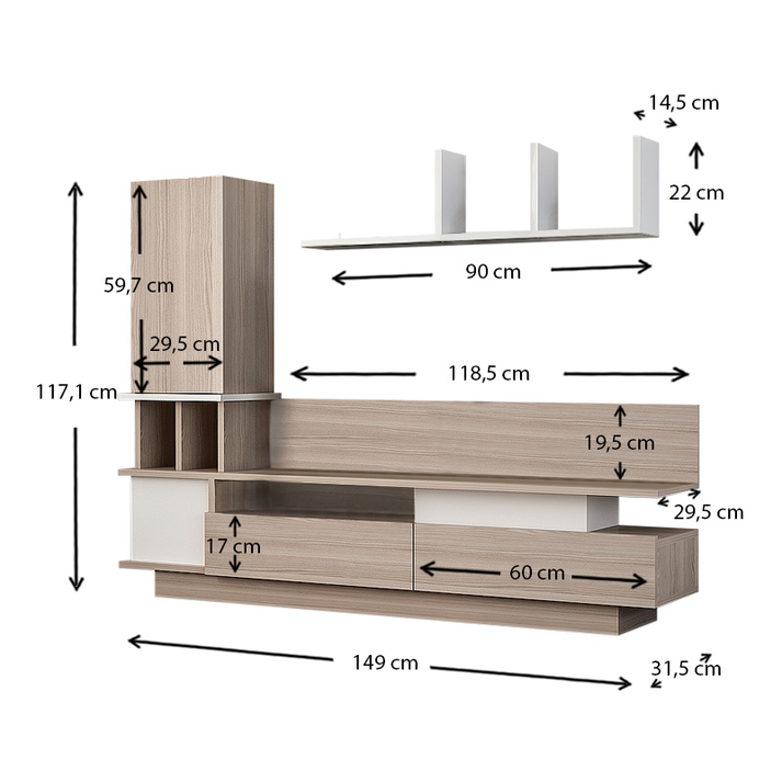 Σύνθεση τηλεόρασης Almeria χρώμα λευκό - cordoba 149x29,5x117εκ.
