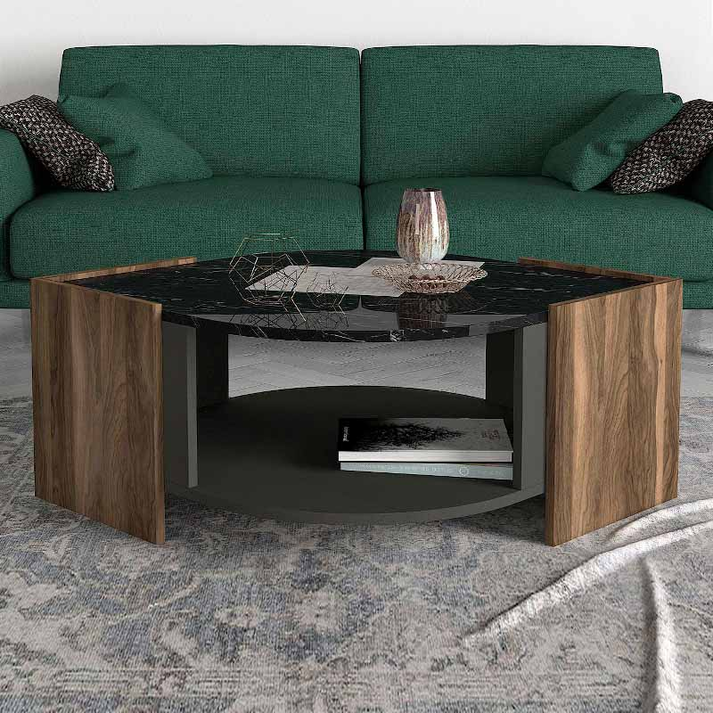 Τραπεζάκι σαλονιού Marbel χρώμα καρυδί - μαύρο εφέ μαρμάρου 75x75x40εκ.