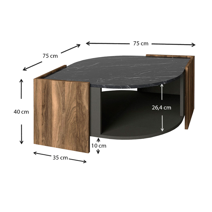 Τραπεζάκι σαλονιού Marbel χρώμα καρυδί - μαύρο εφέ μαρμάρου 75x75x40εκ.
