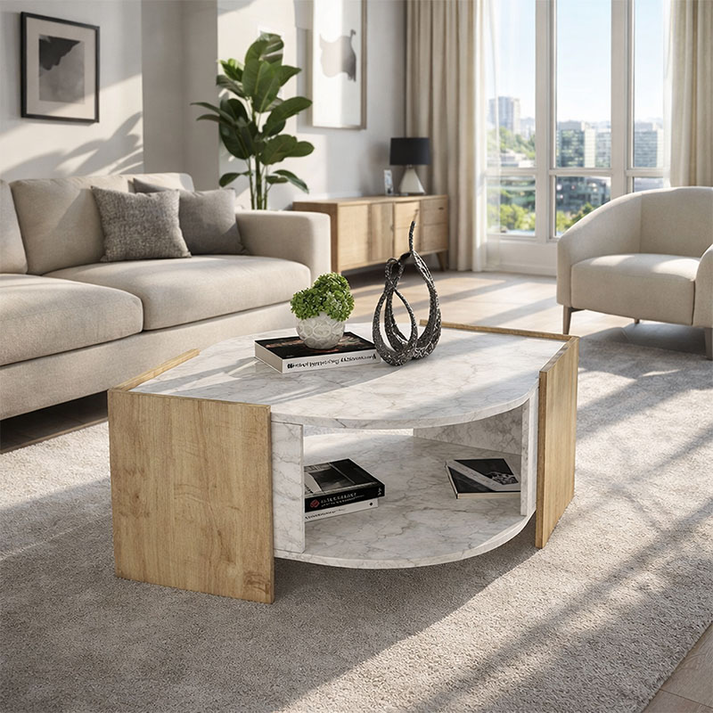 Τραπεζάκι σαλονιού Marbel χρώμα sapphire oak - λευκό εφέ μαρμάρου 75x75x40εκ.