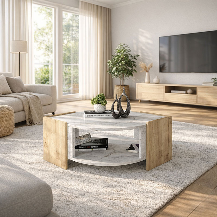 Τραπεζάκι σαλονιού Marbel χρώμα sapphire oak - λευκό εφέ μαρμάρου 75x75x40εκ.