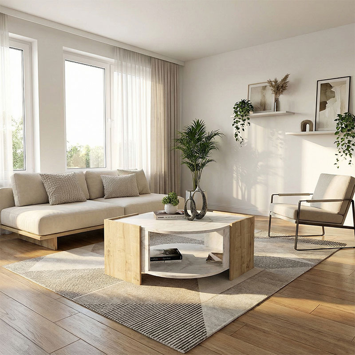 Τραπεζάκι σαλονιού Marbel χρώμα sapphire oak - λευκό εφέ μαρμάρου 75x75x40εκ.