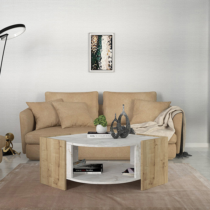 Τραπεζάκι σαλονιού Marbel χρώμα sapphire oak - λευκό εφέ μαρμάρου 75x75x40εκ.