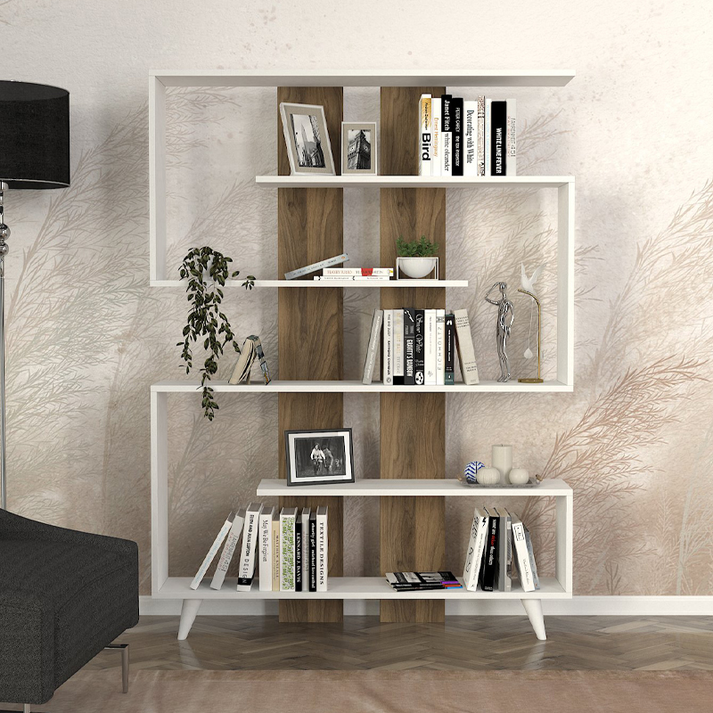 Βιβλιοθήκη Rain χρώμα λευκό - καρυδί 120x19,5x162εκ.