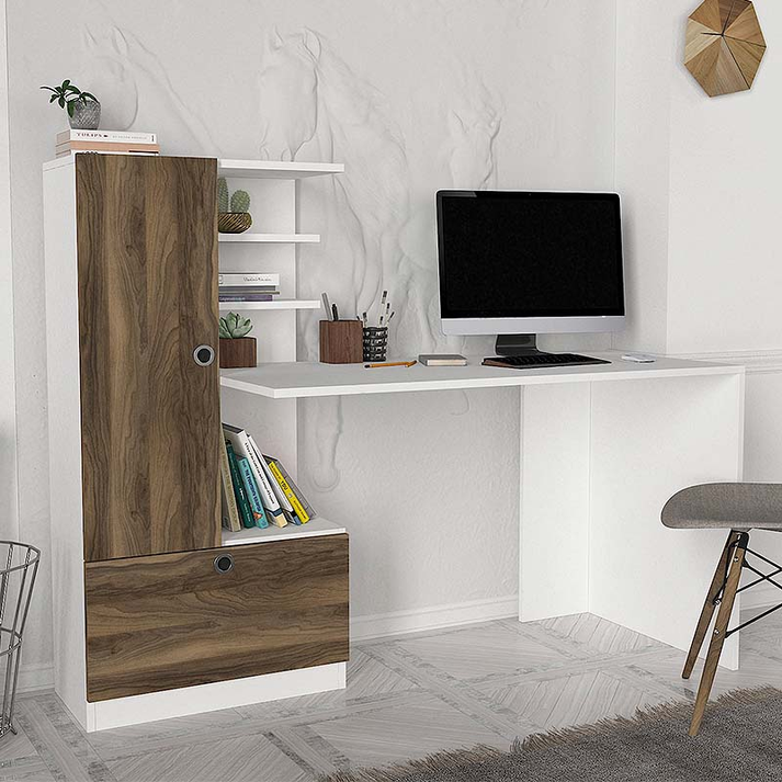 Γραφείο εργασίας Domingo χρώμα λευκό - καρυδί 149,5x60x120εκ.