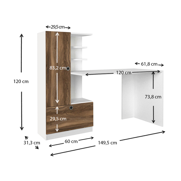 Γραφείο εργασίας Domingo χρώμα λευκό - καρυδί 149,5x60x120εκ.