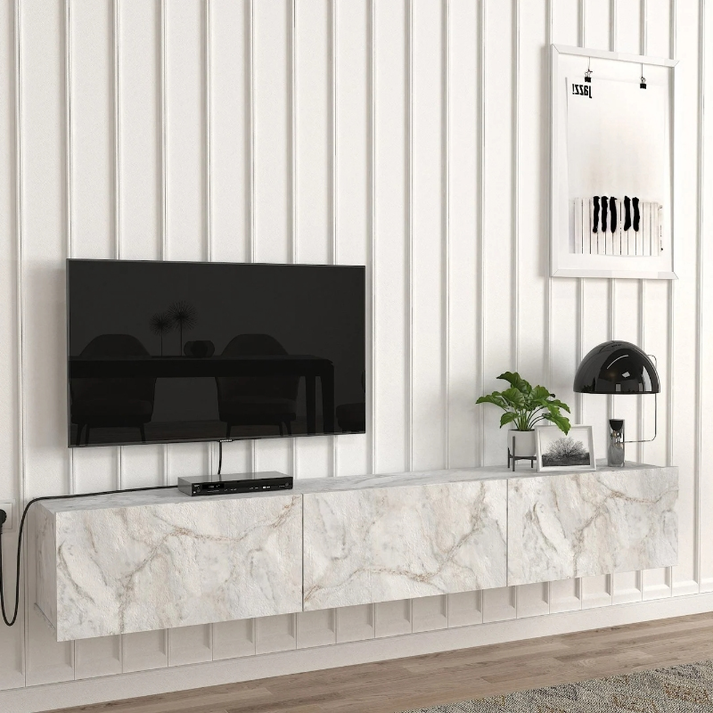 Έπιπλο τηλεόρασης επιτοίχιο Damla με LED χρώμα λευκό εφέ μαρμάρου 180x29,5x29,5εκ.