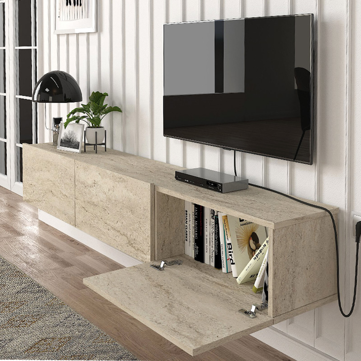 Έπιπλο τηλεόρασης επιτοίχιο Damla με LED χρώμα travertine 180x29,5x29,5εκ.