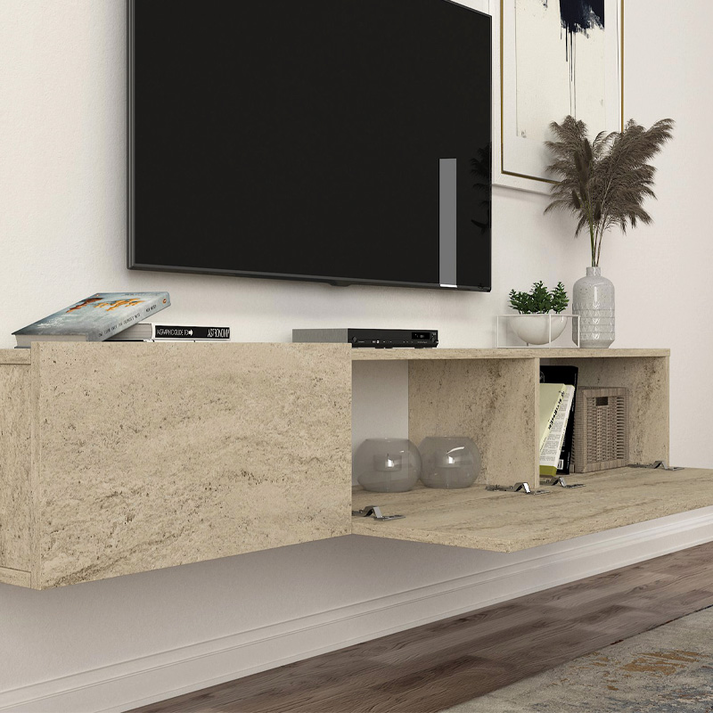 Έπιπλο τηλεόρασης επιτοίχιο Damla με LED χρώμα travertine 180x29,5x29,5εκ.