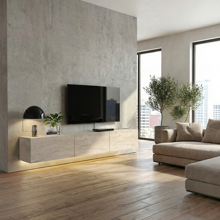 Έπιπλο τηλεόρασης επιτοίχιο Damla με LED χρώμα travertine 180x29,5x29,5εκ.