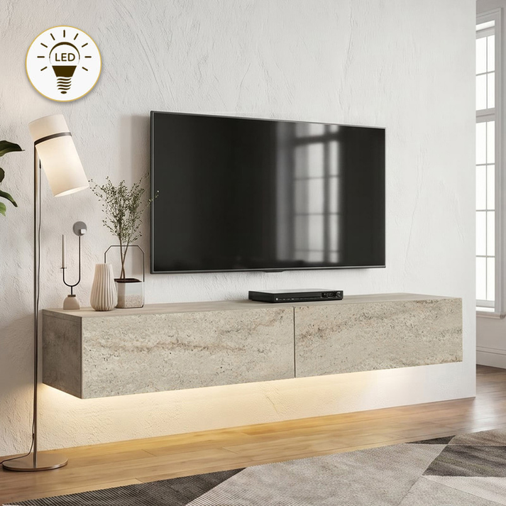 Έπιπλο τηλεόρασης επιτοίχιο Aristo με LED χρώμα travertine 135x31,6x25εκ.