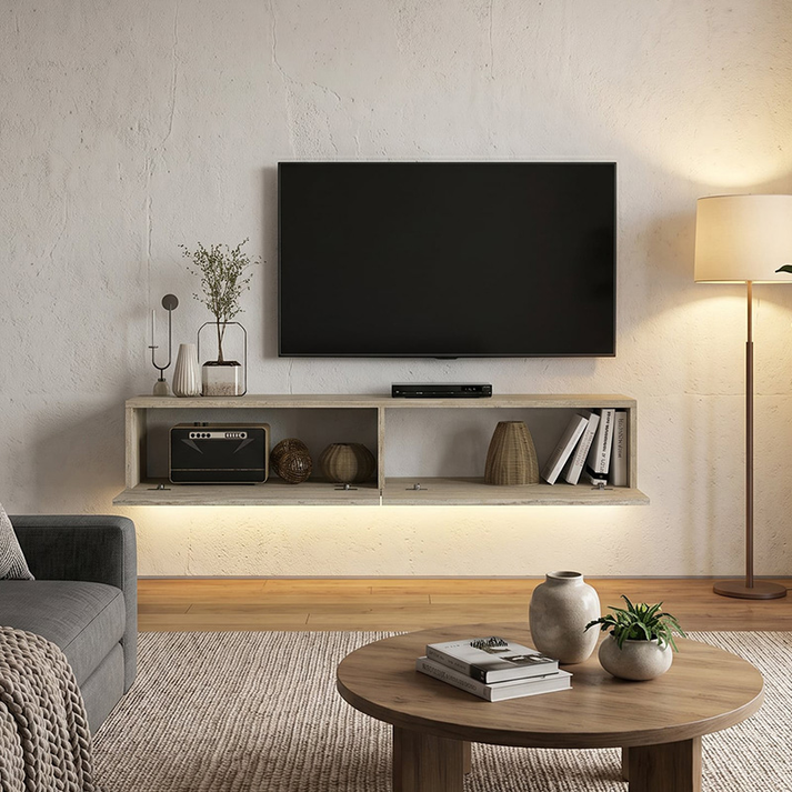 Έπιπλο τηλεόρασης επιτοίχιο Aristo με LED χρώμα travertine 135x31,6x25εκ.