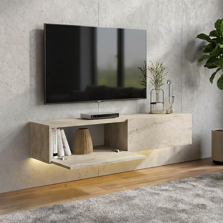 Έπιπλο τηλεόρασης επιτοίχιο Aristo με LED χρώμα travertine 135x31,6x25εκ.