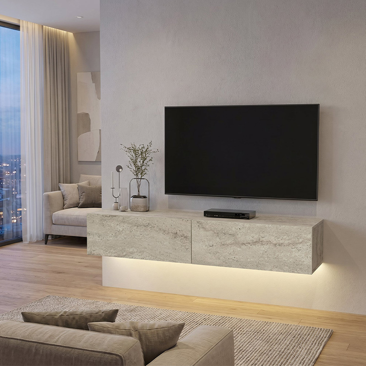 Έπιπλο τηλεόρασης επιτοίχιο Aristo με LED χρώμα travertine 135x31,6x25εκ.