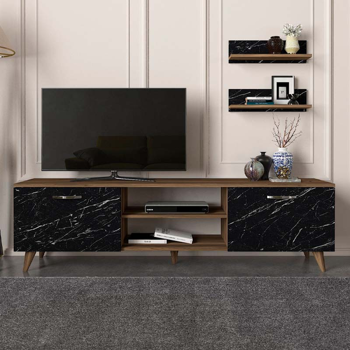 Έπιπλο τηλεόρασης Geacles χρώμα καρυδί - μαύρο εφέ μαρμάρου 180x40x50εκ.
