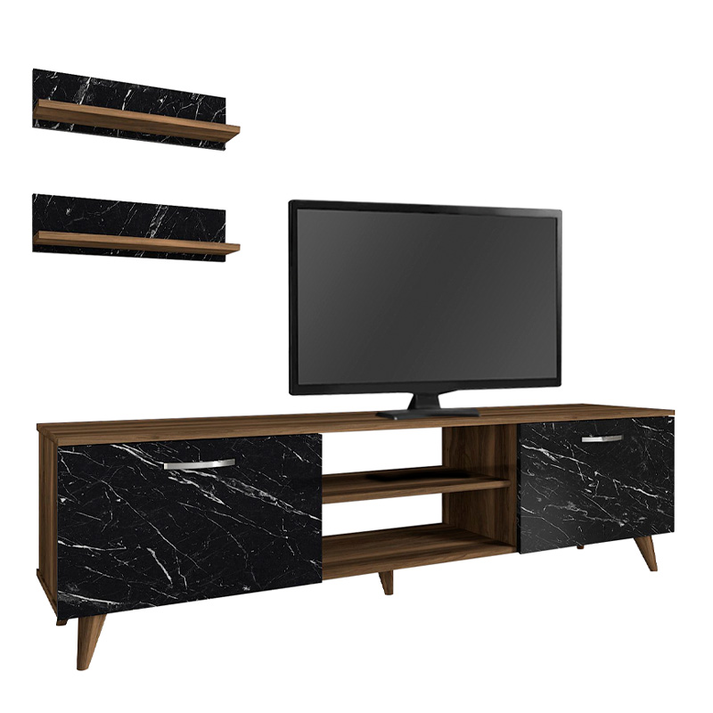 Έπιπλο τηλεόρασης Geacles χρώμα καρυδί - μαύρο εφέ μαρμάρου 180x40x50εκ.