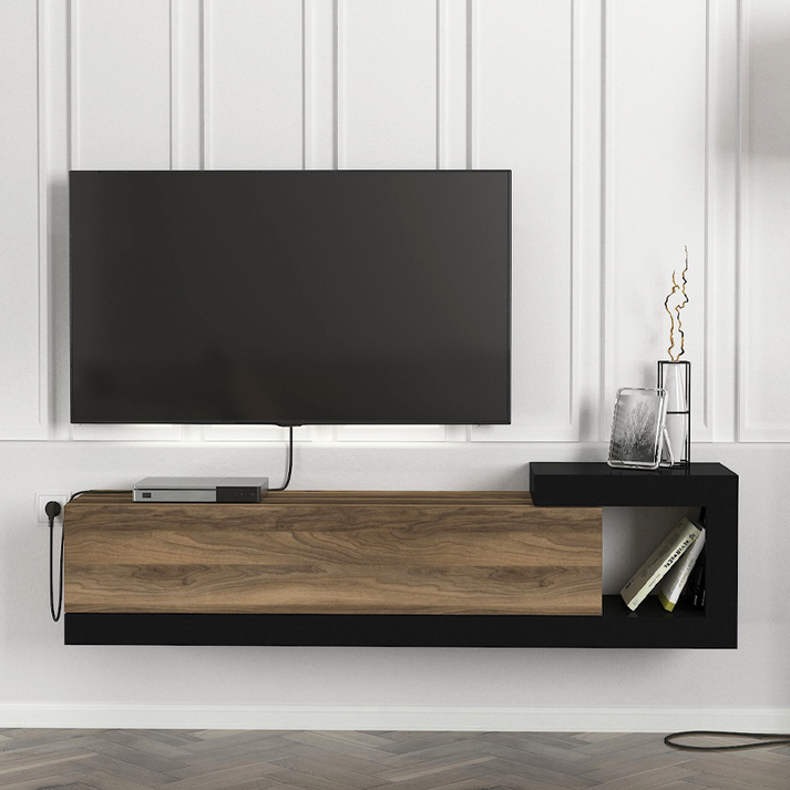 Έπιπλο τηλεόρασης επιτοίχιο Volare χρώμα καρυδί - μαύρο 150x29,6x38,6εκ.