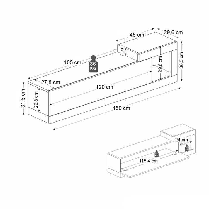Έπιπλο τηλεόρασης επιτοίχιο Volare χρώμα λευκό εφέ μαρμάρου - sapphire oak 150x29,6x38,6εκ.