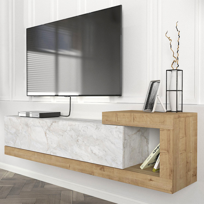 Έπιπλο τηλεόρασης επιτοίχιο Volare χρώμα λευκό εφέ μαρμάρου - sapphire oak 150x29,6x38,6εκ.